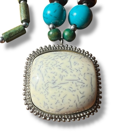 Statement Blue and Brown Beaded Necklace Wood Beads - Picture 9 of 10